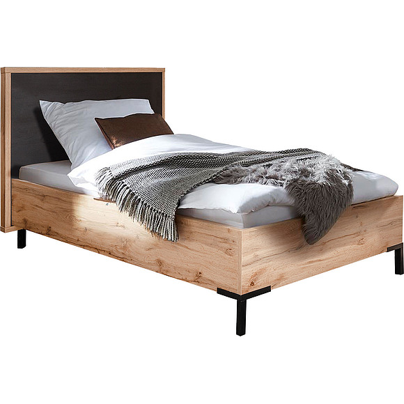 Кровать одинарная «Блэквуд», Цвет: Дуб Вотан + чёрный, Спальное место: 2000x900 мм, Размер: 2120х1050х890 мм