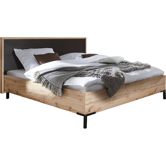 Кровать двойная «Блэквуд», Цвет: Дуб Вотан + чёрный, Спальное место: 2000x1400 мм, Размер: 2120х1550х890 мм