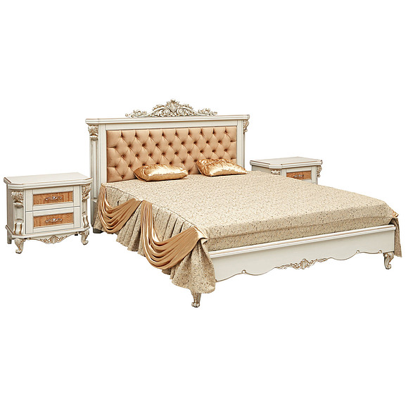 Кровать двойная «Альба» (декор. изголовье) , Цвет: Слоновая кость с золочением, Спальное место: 2000x1600 мм, Размер: 2145x1800x1350 мм