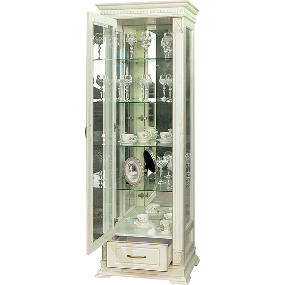 Шкаф с витриной «Верди Люкс 1з» П487.11з-01, Цвет: Слоновая кость с золочением