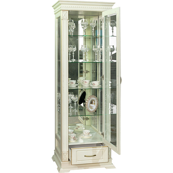 Шкаф с витриной «Верди Люкс 1з» П487.11з, Цвет: Слоновая кость с золочением