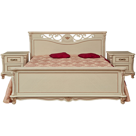 Кровать двойная «Алези» с высоким изножьем, Материал: массив дуба, Цвет: Слоновая кость с золочением, Механизм трансформации: без механизма, Спальное место: 2000x1600 мм, Размер: 2150x1852x1045 мм