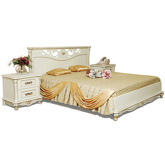 Кровать двойная «Алези» с низким изножьем, Материал: массив дуба, Цвет: Слоновая кость с золочением, Механизм трансформации: без механизма, Спальное место: 2000x1600 мм, Размер: 2150x1852x1045 мм