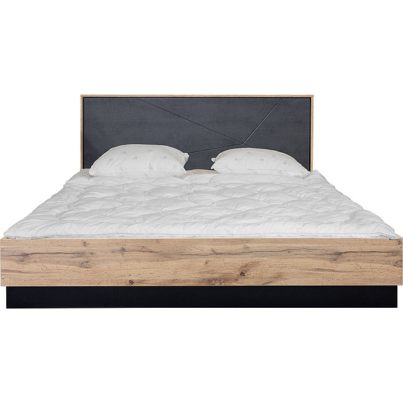 Кровать двойная «Лайн», Материал: ЛДСП+МДФ, Цвет: Камень серый/Дуб вотан/Чёрный, Спальное место: 2000x1600 мм